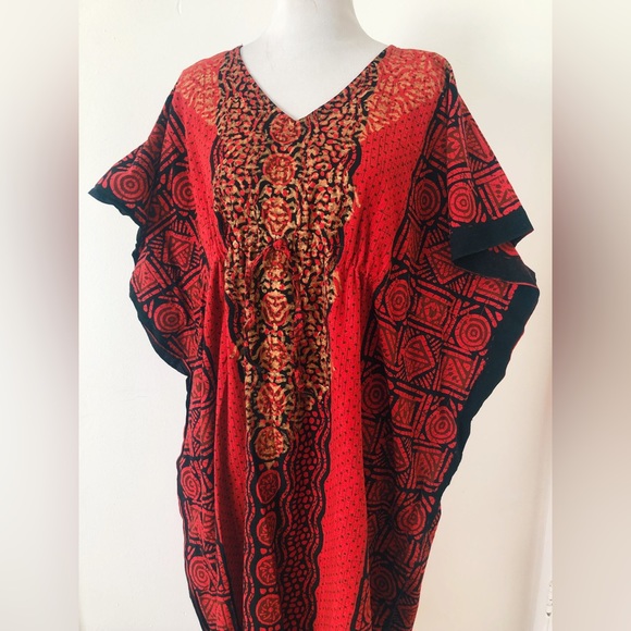 SOLD Vintage 80s 90s Batik Block Print Indian Cotton Kaftan - Picture 2 of 11